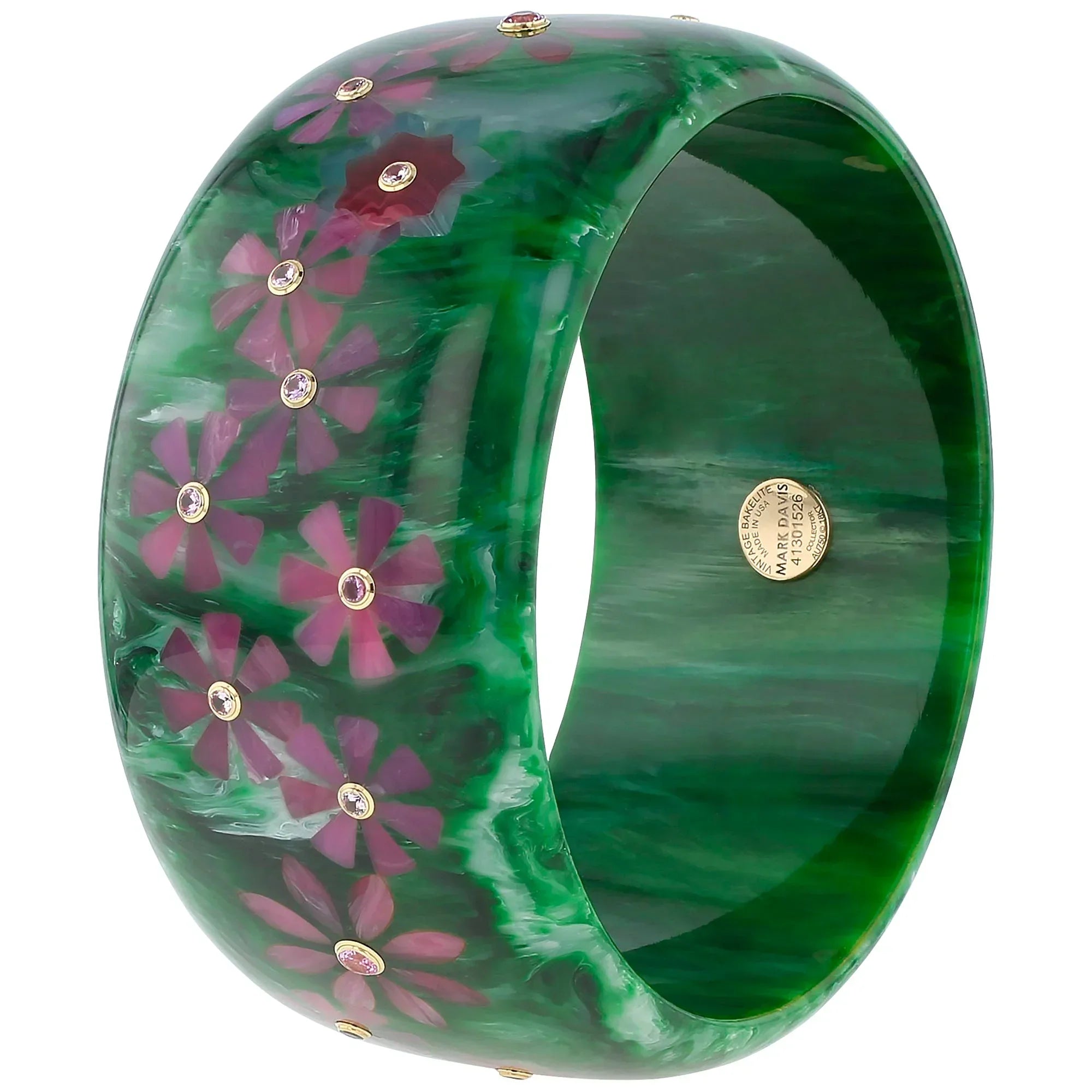 Vanda Bangle | Grass green bakelite with inlay and stones.