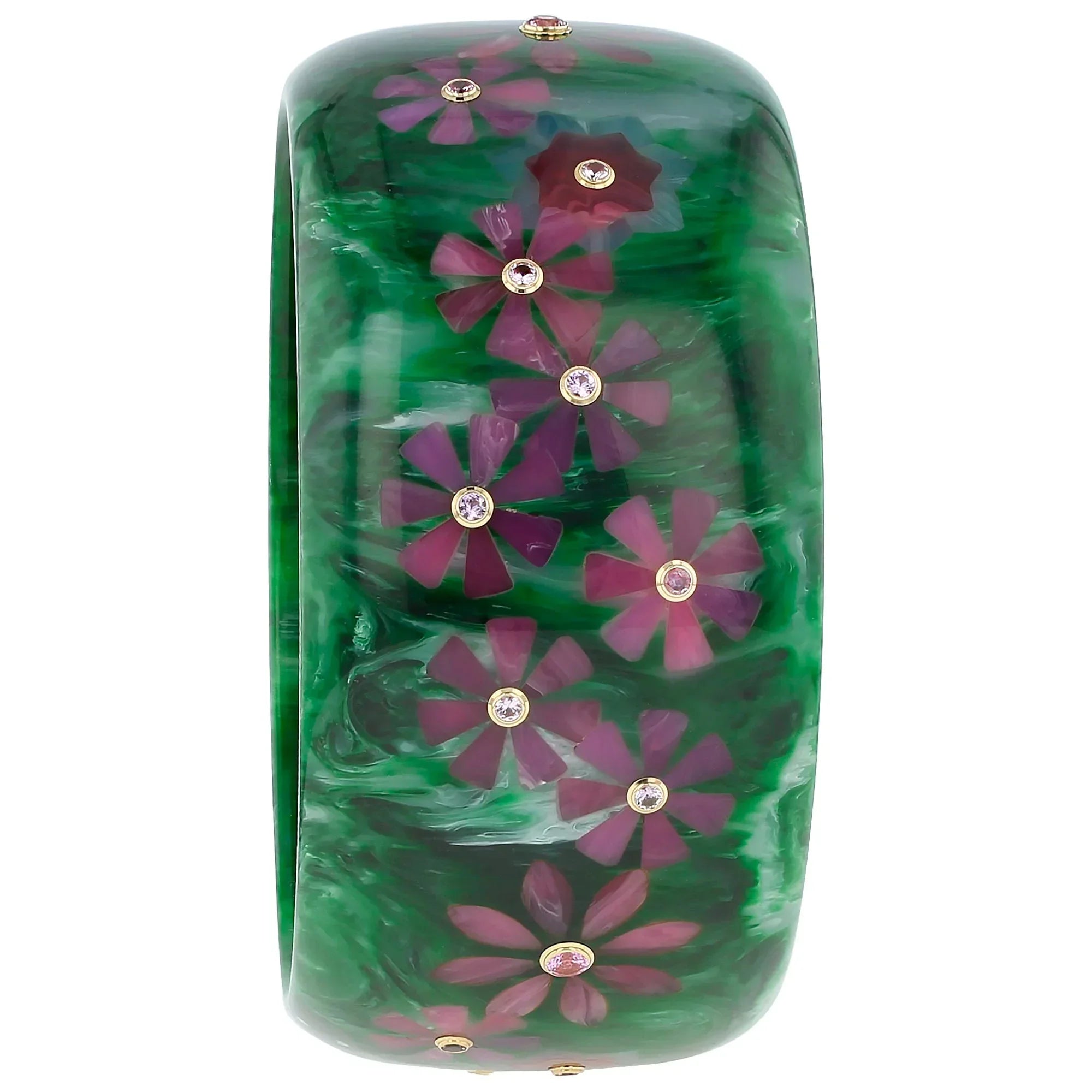 Vanda Bangle | Grass green bakelite with inlay and stones.