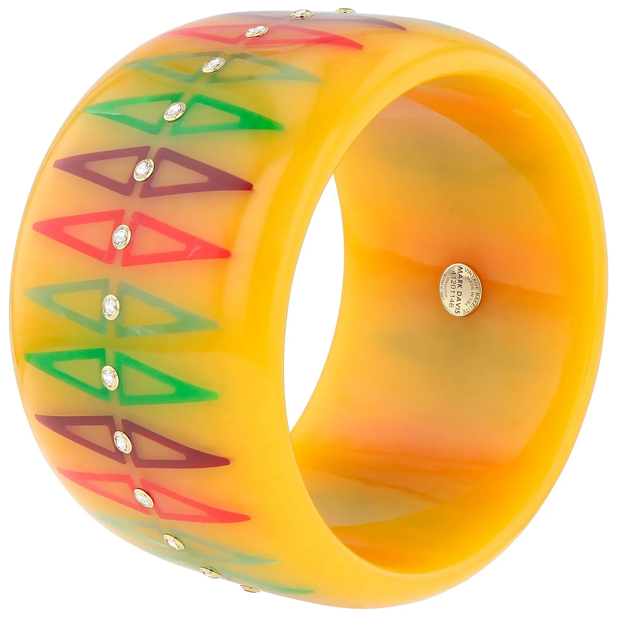 Velma Bangle | Canary yellow bakelite with inlay and stones.
