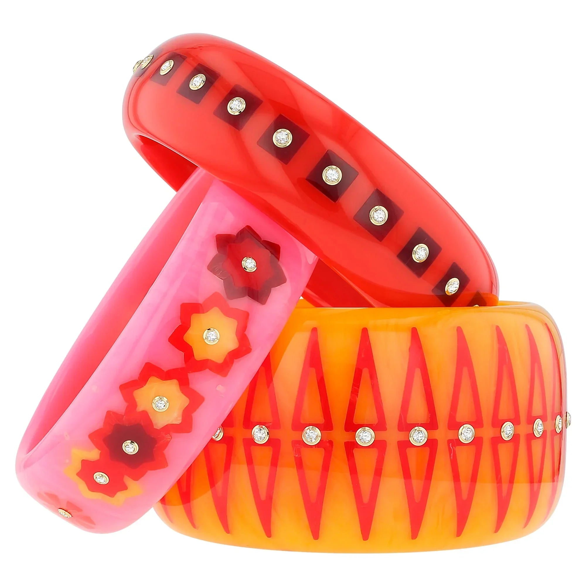 Velma Bangle | Sunflower yellow bakelite with inlay and stones.