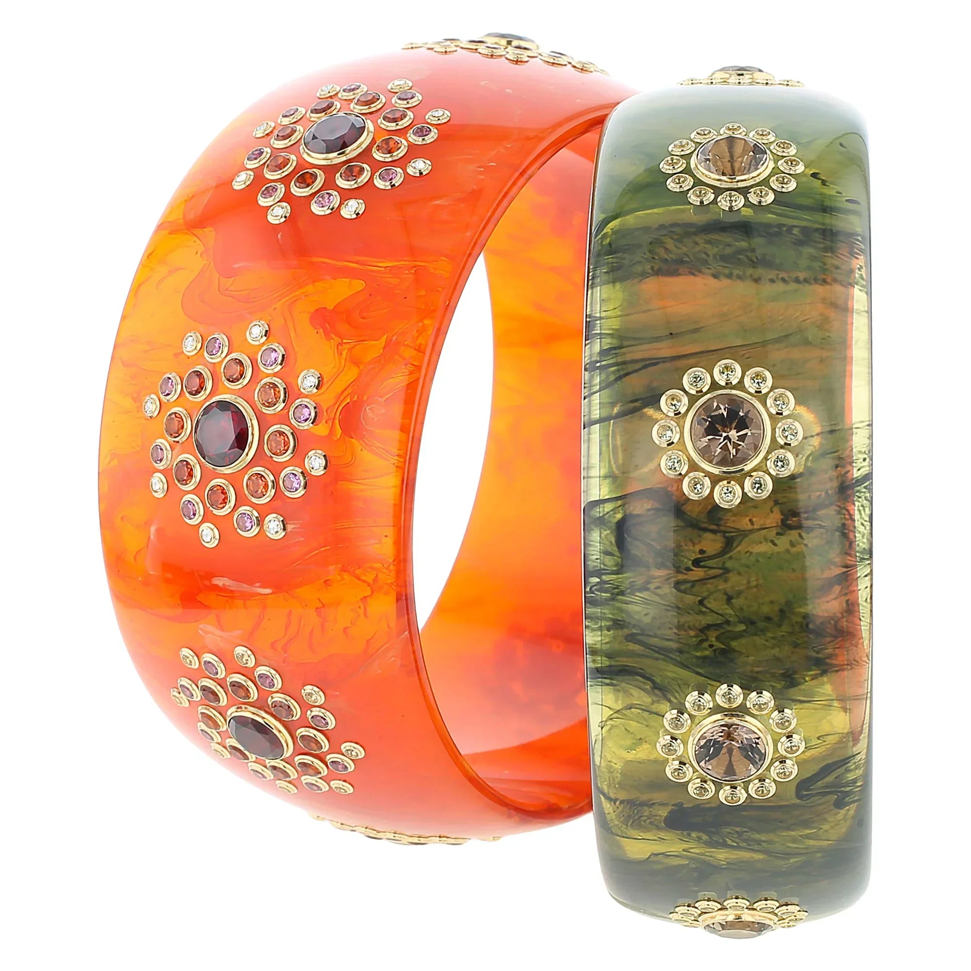 Vera Bangle | Vivid orange bakelite with stones.