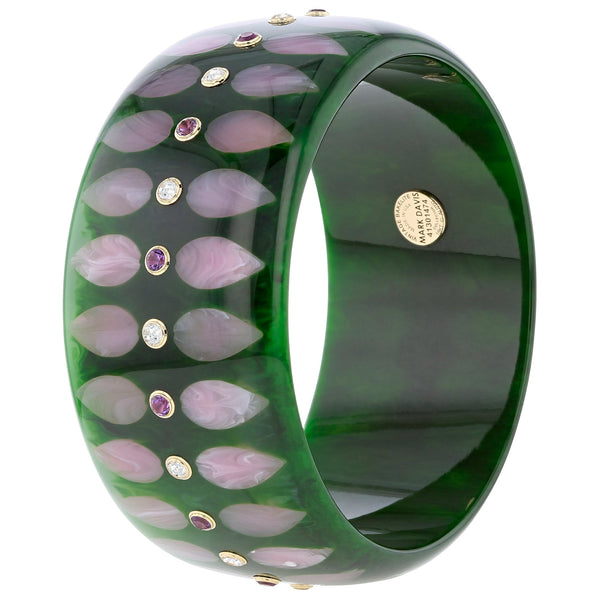 Vicky Bangle | Bakelite bangle with parallel petal inlay and stones.
