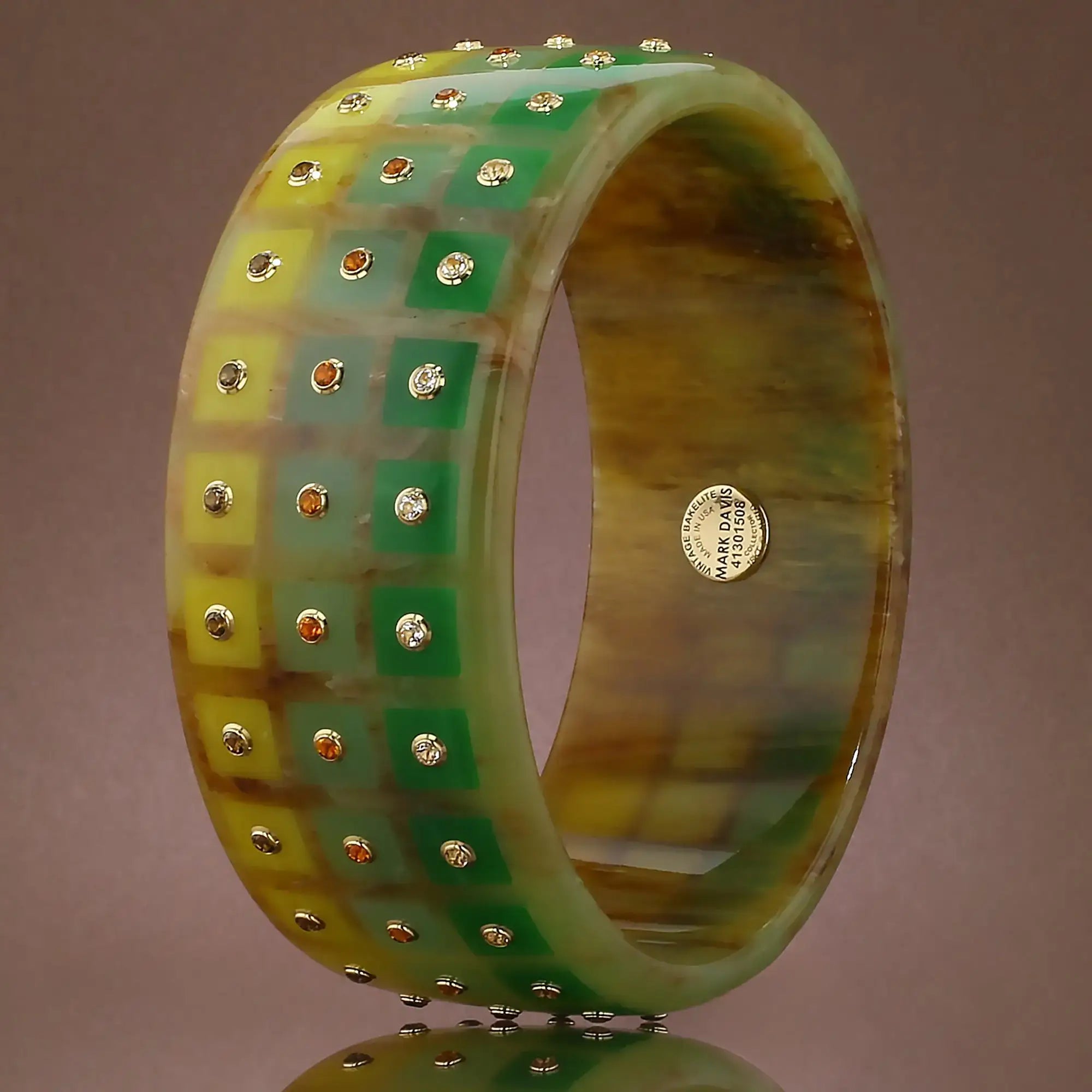 Wren Bangle | Bakelite with square inlay and stones.