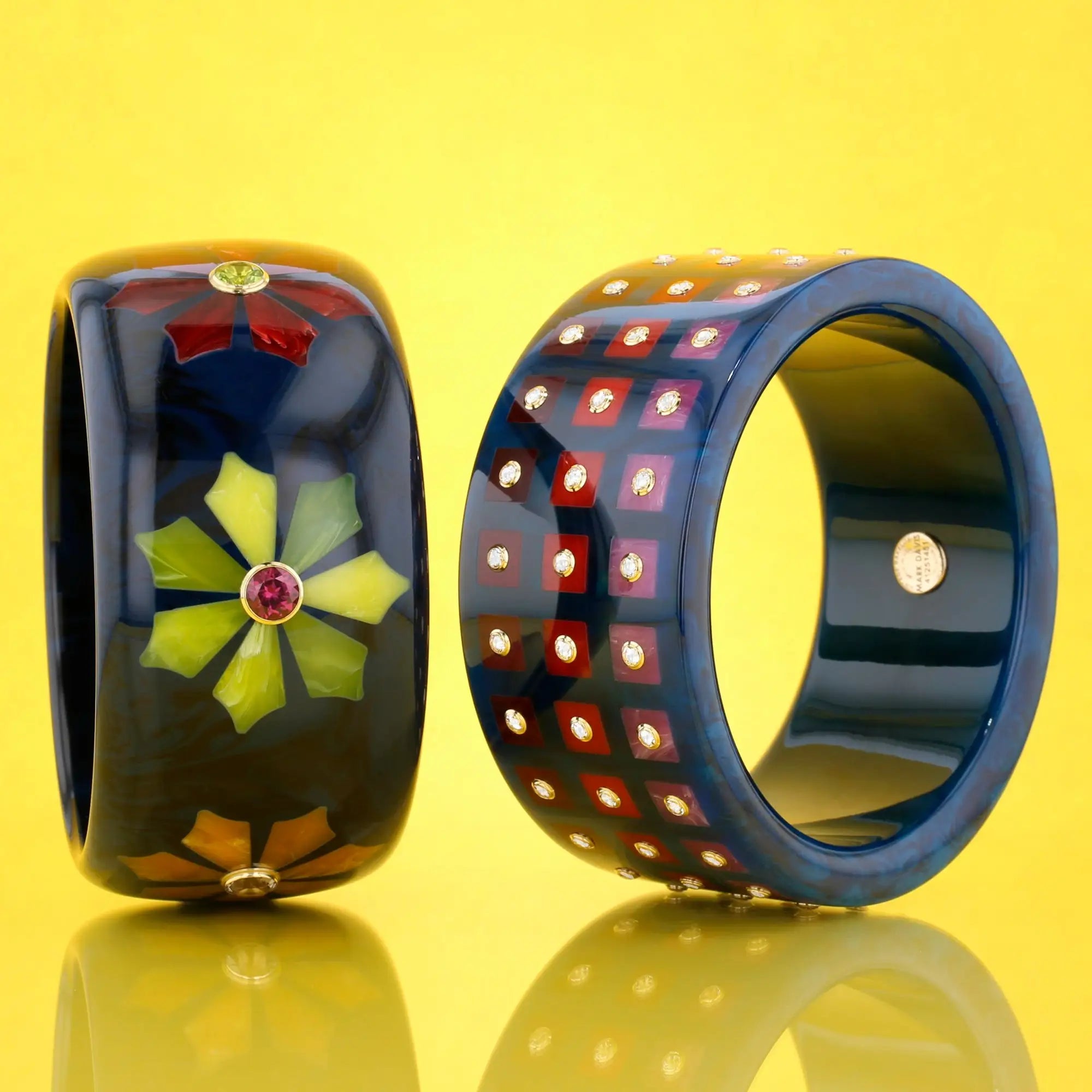 Wren Bangle | Deep blue bakelite with inlay and stones.