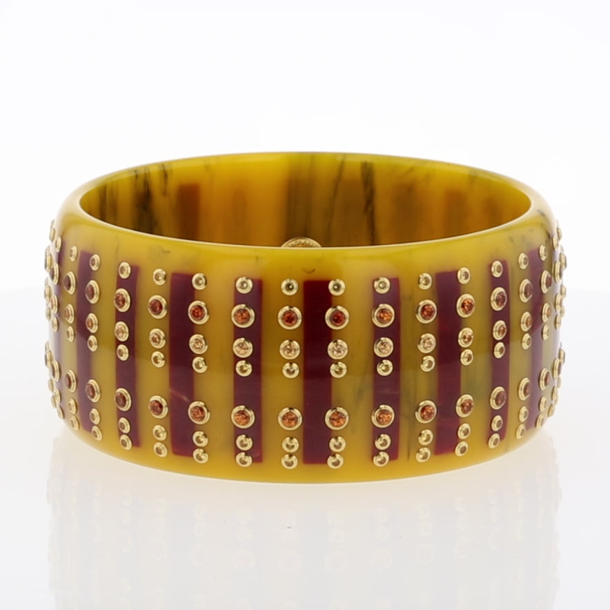 Linea Dalfon Bangle | Bakelite bangle with an inlay of bakelite stripes and set stones.