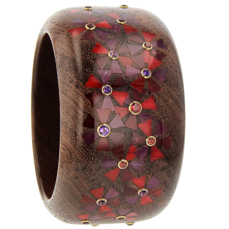 Daisy Bangle | Bubinga wood bangle with inlay and stones.