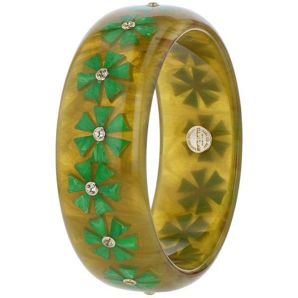 Daisy Bangle | Olive green bangle with floral inlay and stones