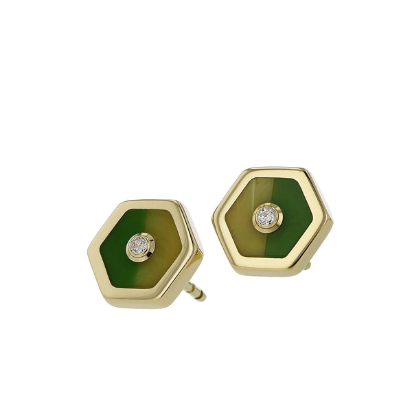 Gigi Earrings | Bakelite earrings in complimentary shades of green set in gold with diamonds.