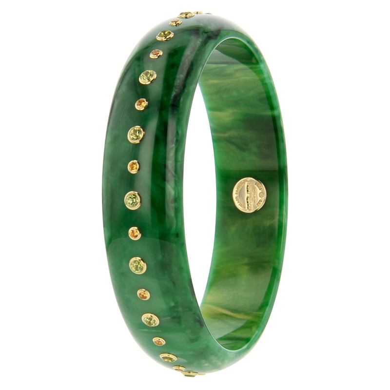Iris Bangle | Rich green marbled bakelite with stones.